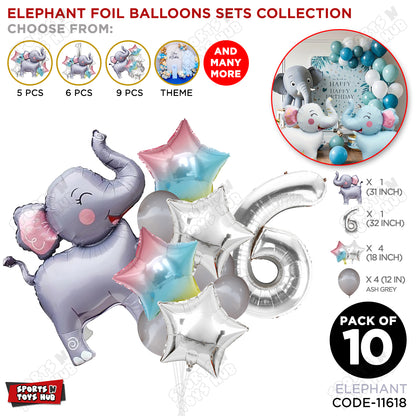 Jungle Safari Elephant Pack Of 10 Foil Balloon Set