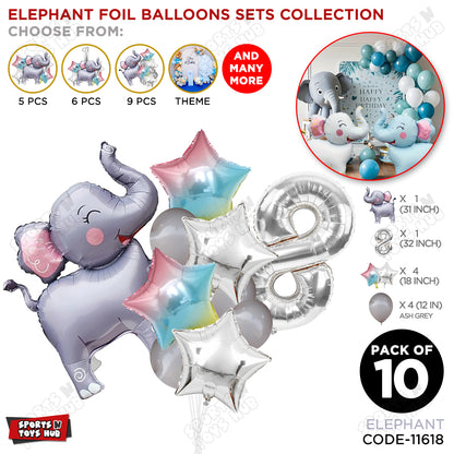 Jungle Safari Elephant Pack Of 10 Foil Balloon Set