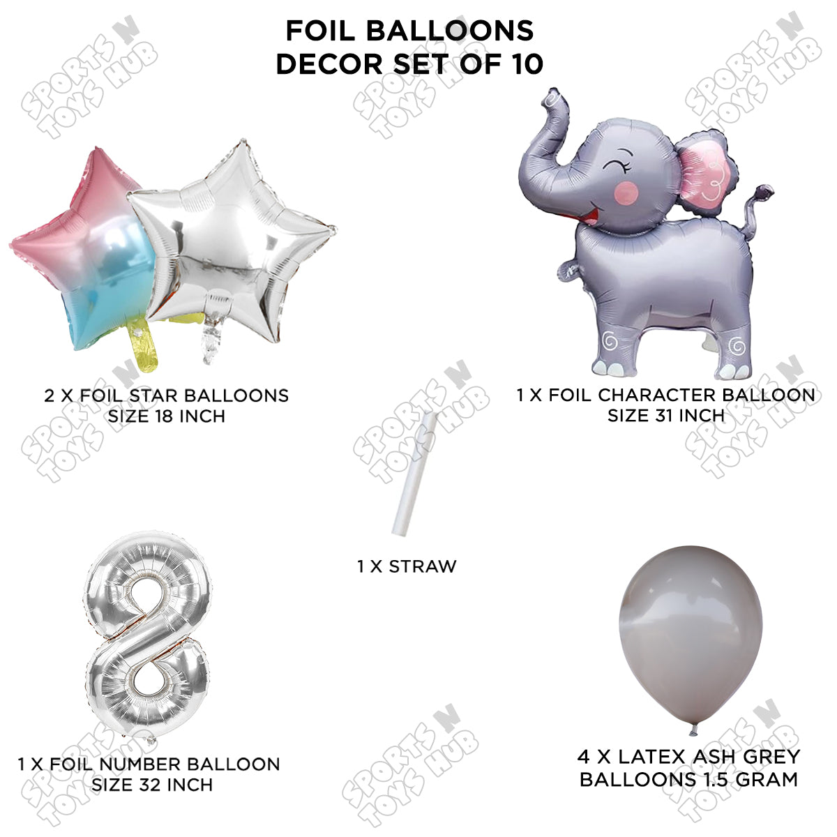 Jungle Safari Elephant Pack Of 10 Foil Balloon Set