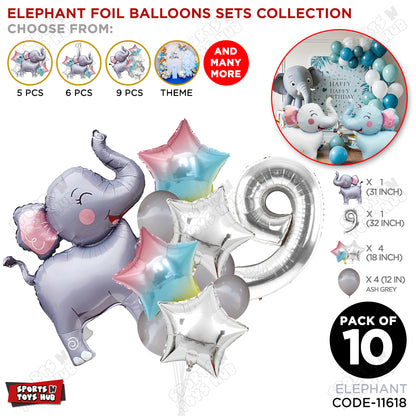 Jungle Safari Elephant Pack Of 10 Foil Balloon Set