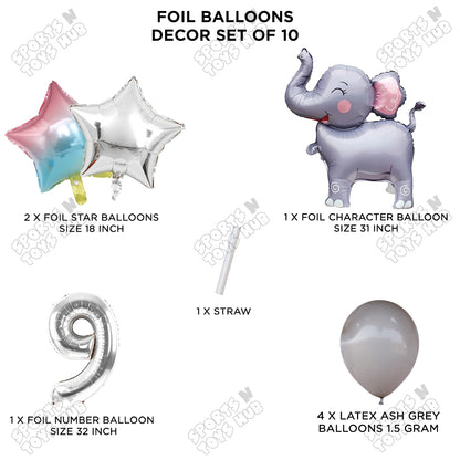 Jungle Safari Elephant Pack Of 10 Foil Balloon Set