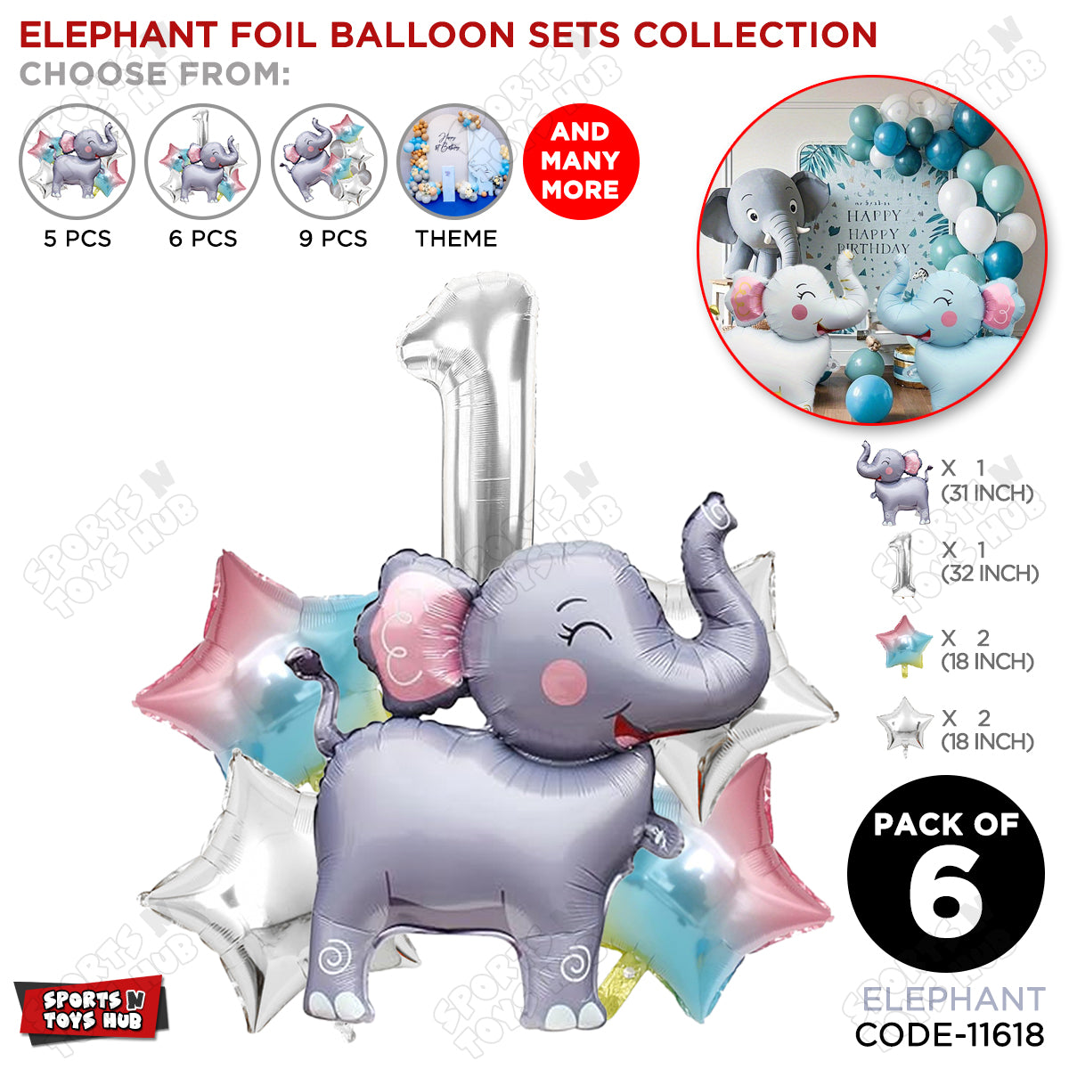 Jungle Safari Elephant Pack Of 6 Foil Balloon Set