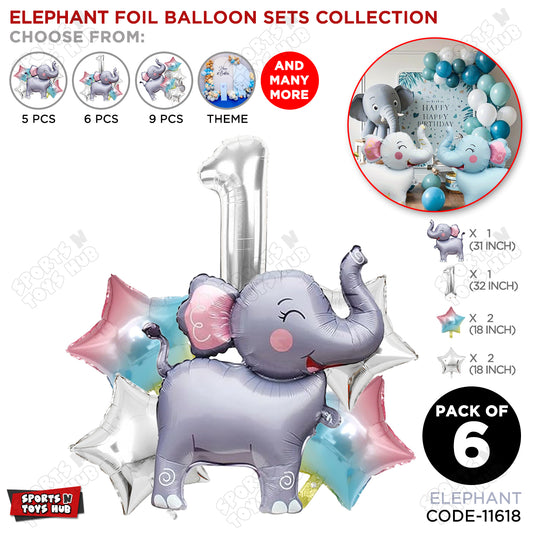 Jungle Safari Elephant Pack Of 6 Foil Balloon Set