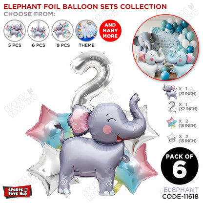 Jungle Safari Elephant Pack Of 6 Foil Balloon Set