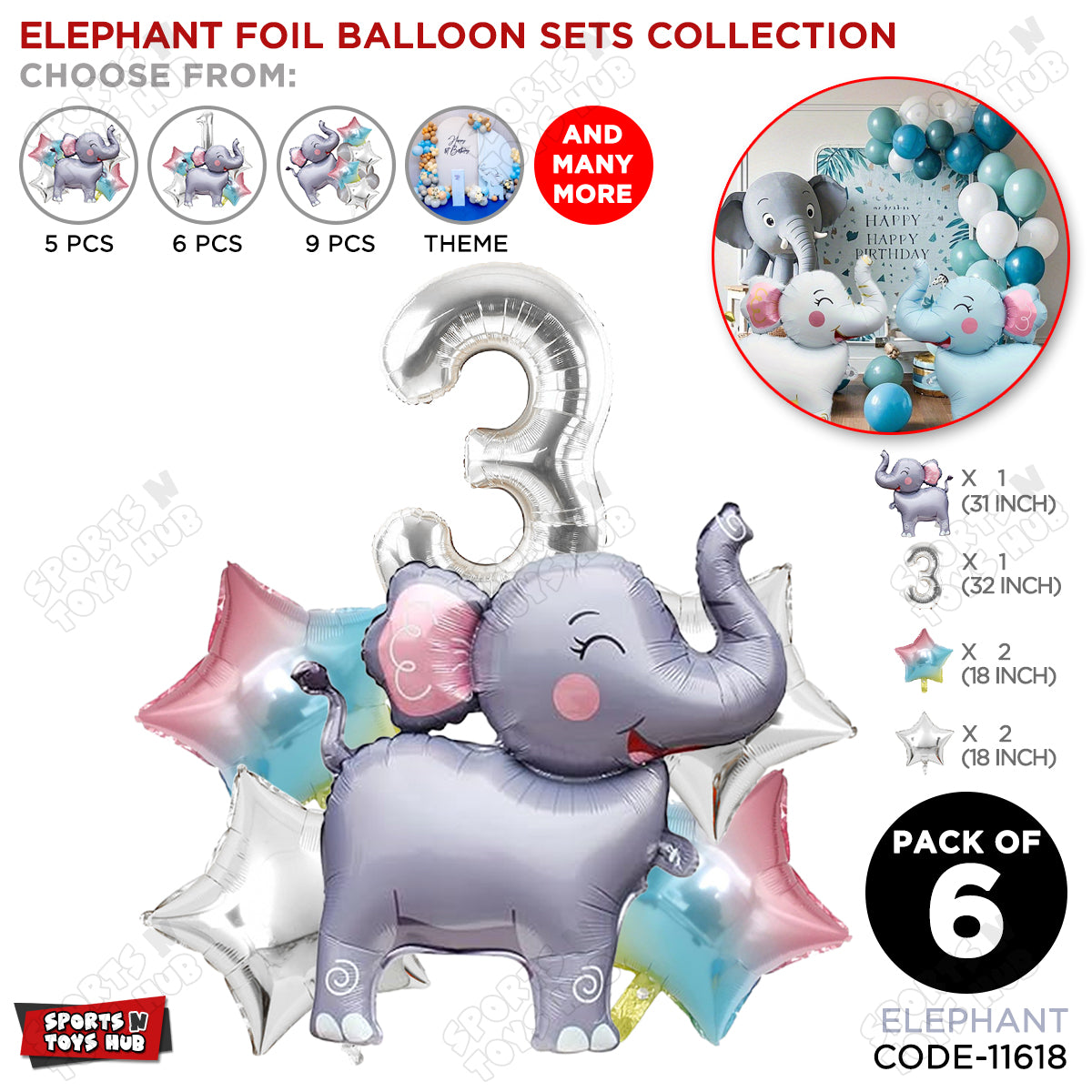 Jungle Safari Elephant Pack Of 6 Foil Balloon Set