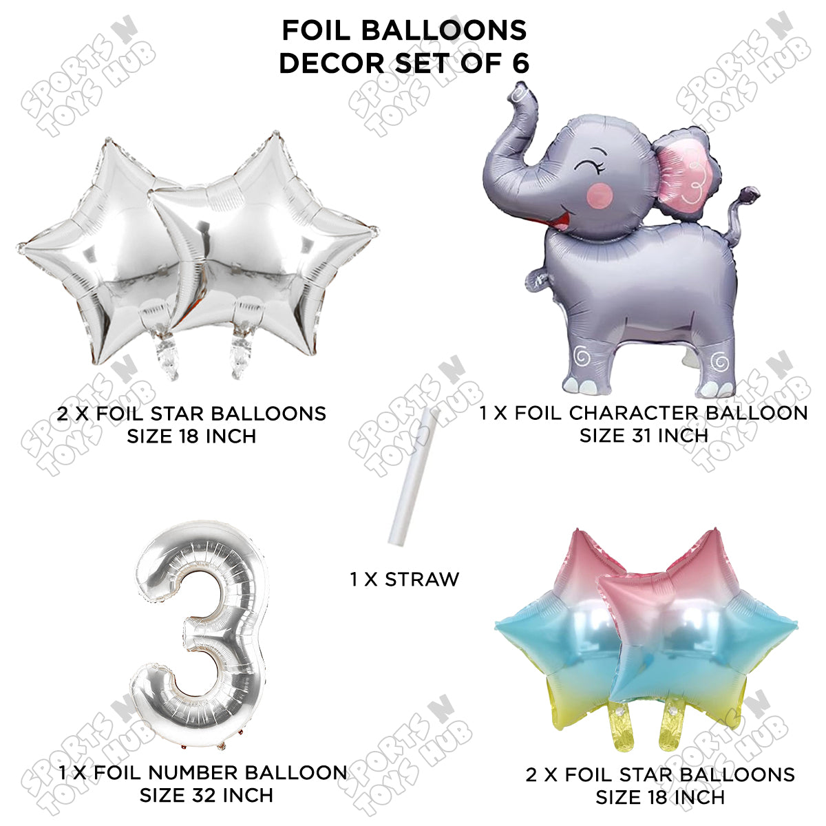Jungle Safari Elephant Pack Of 6 Foil Balloon Set