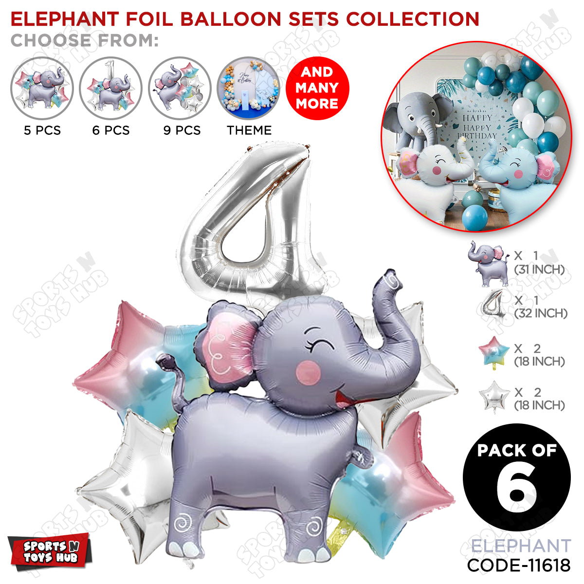 Jungle Safari Elephant Pack Of 6 Foil Balloon Set