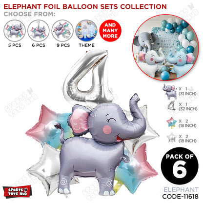 Jungle Safari Elephant Pack Of 6 Foil Balloon Set
