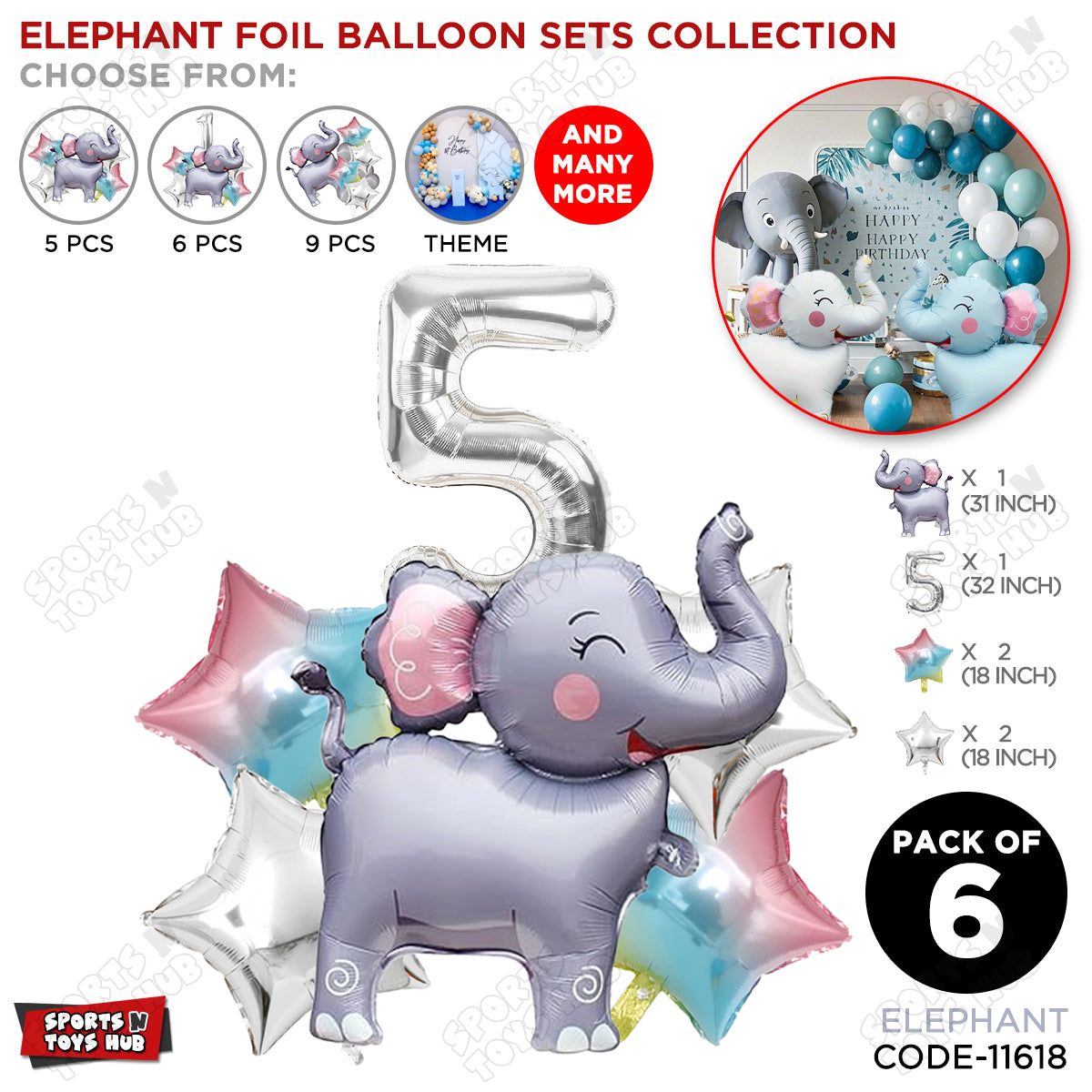 Jungle Safari Elephant Pack Of 6 Foil Balloon Set