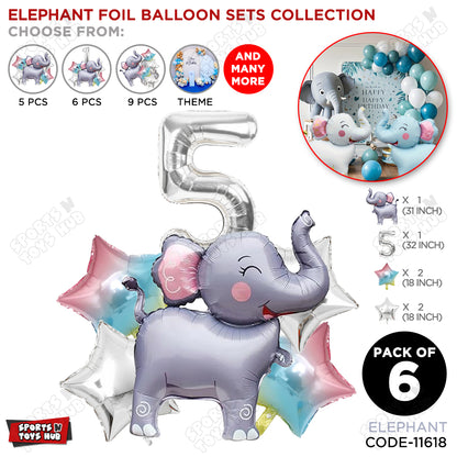 Jungle Safari Elephant Pack Of 6 Foil Balloon Set