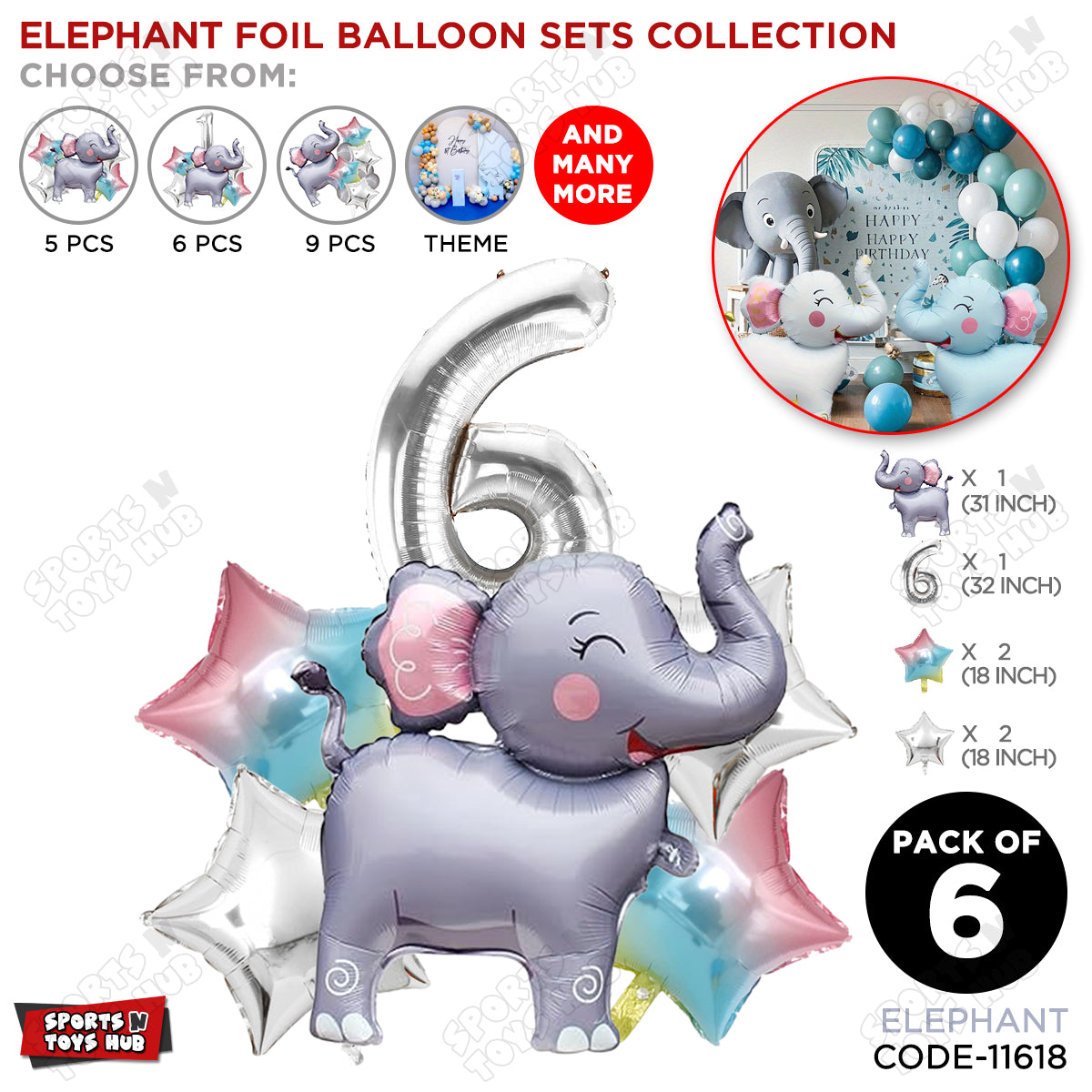 Jungle Safari Elephant Pack Of 6 Foil Balloon Set