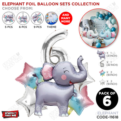 Jungle Safari Elephant Pack Of 6 Foil Balloon Set