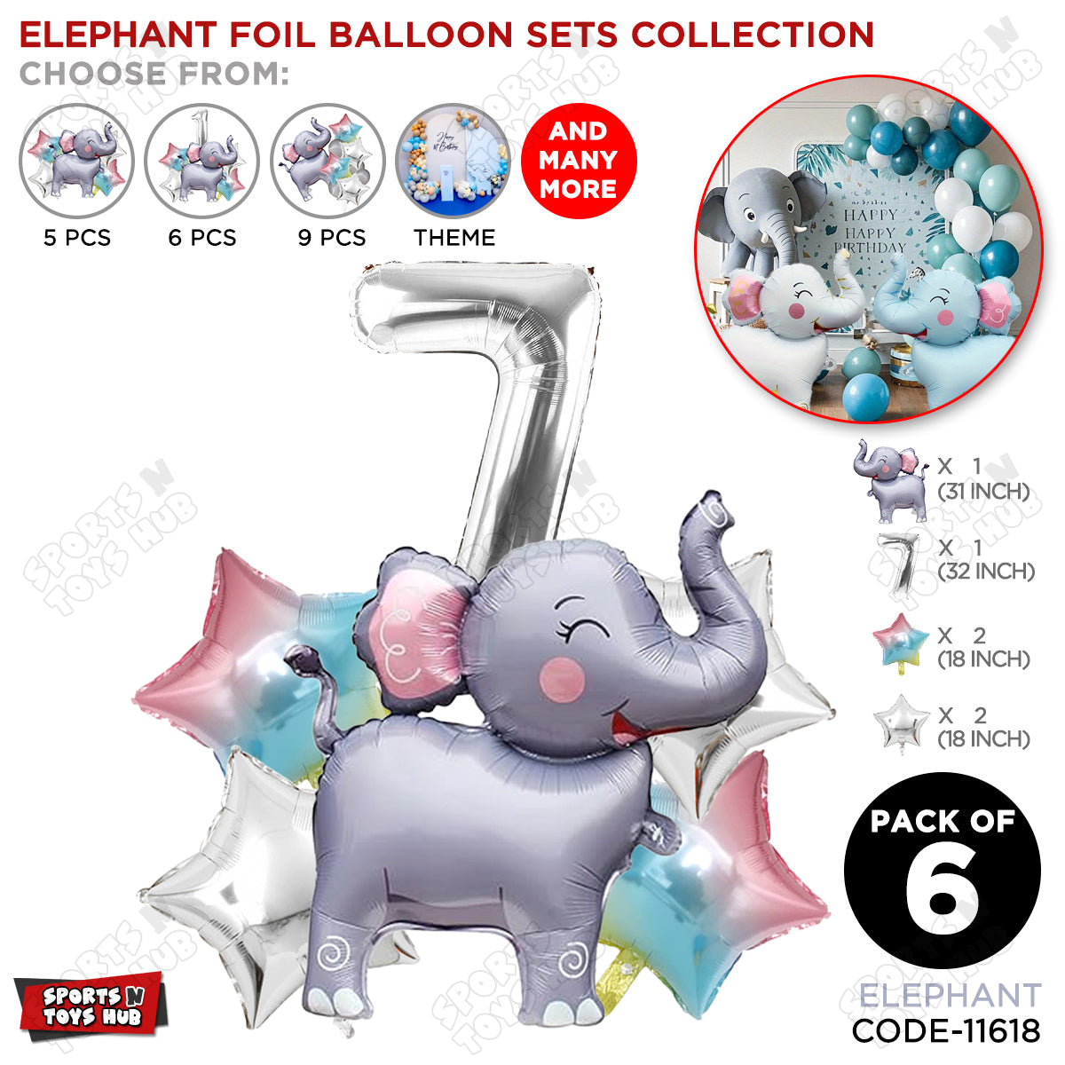 Jungle Safari Elephant Pack Of 6 Foil Balloon Set
