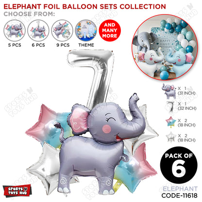 Jungle Safari Elephant Pack Of 6 Foil Balloon Set