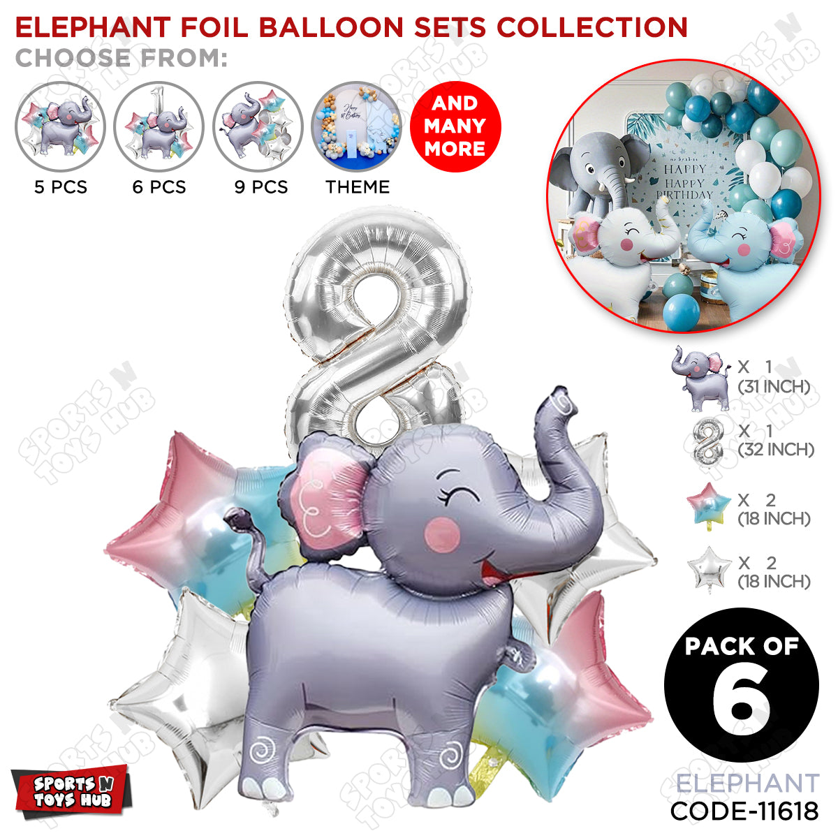 Jungle Safari Elephant Pack Of 6 Foil Balloon Set