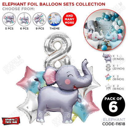 Jungle Safari Elephant Pack Of 6 Foil Balloon Set