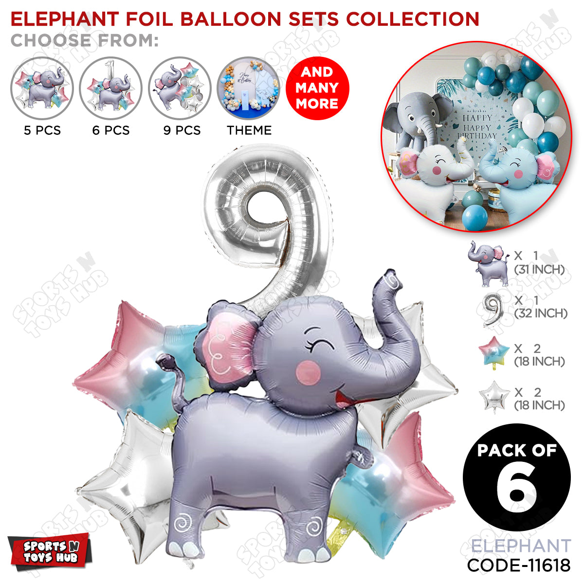 Jungle Safari Elephant Pack Of 6 Foil Balloon Set