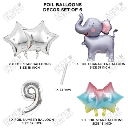 Jungle Safari Elephant Pack Of 6 Foil Balloon Set