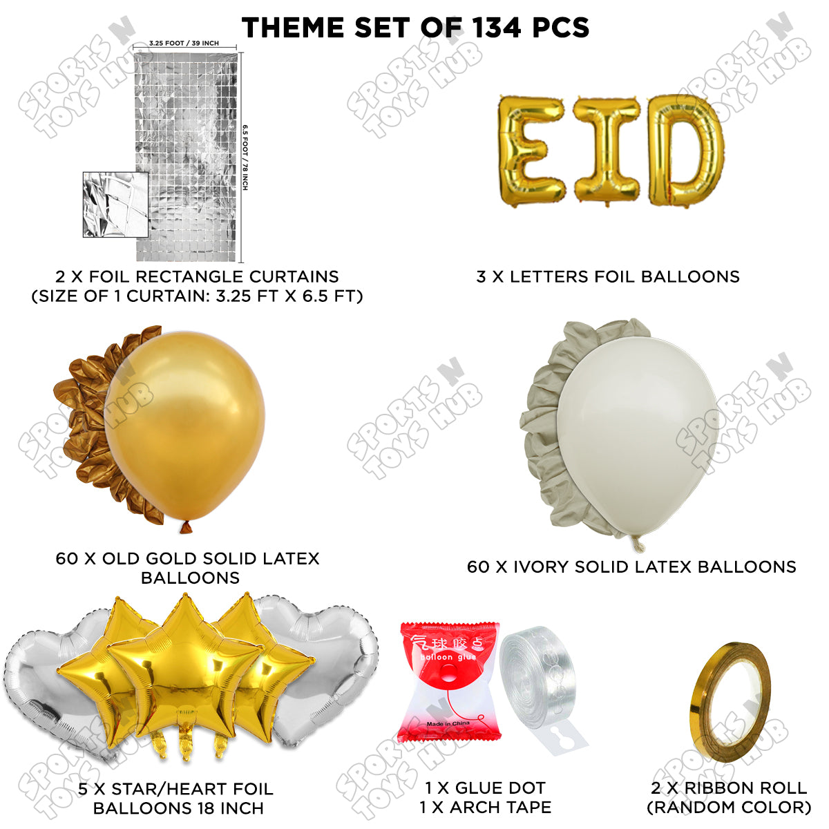 134 Pcs Eid Gold Foil Balloon Arch Theme Collection