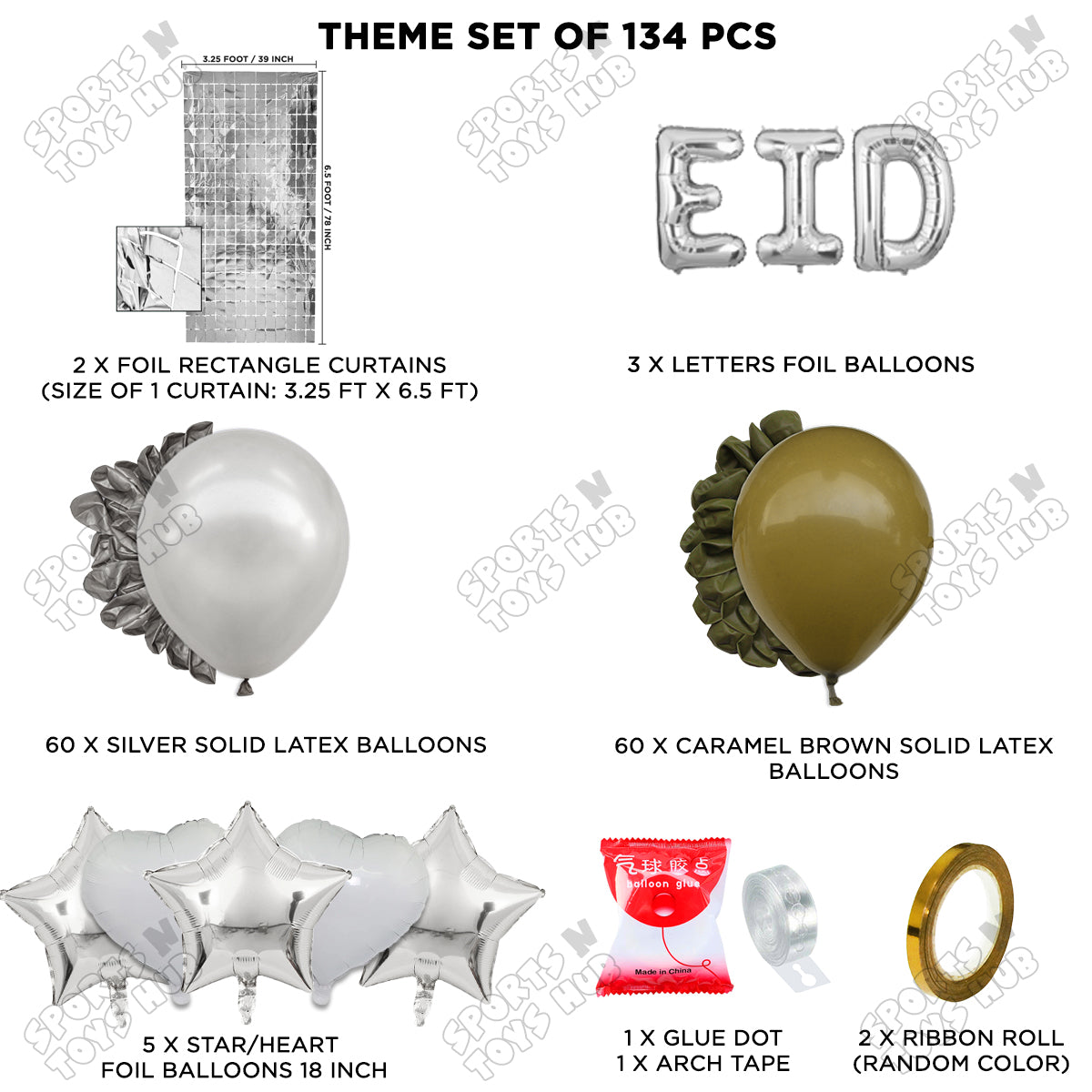 134 Pcs Eid Silver Foil Balloon Arch Theme Collection
