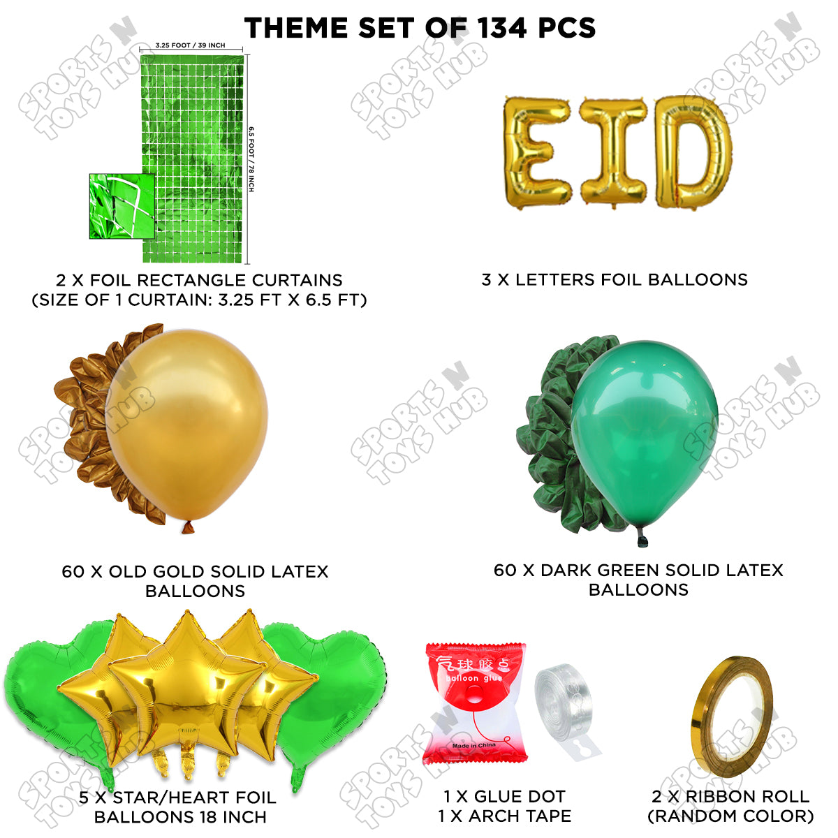 134 Pcs Eid Gold Foil Balloon Arch Theme Collection