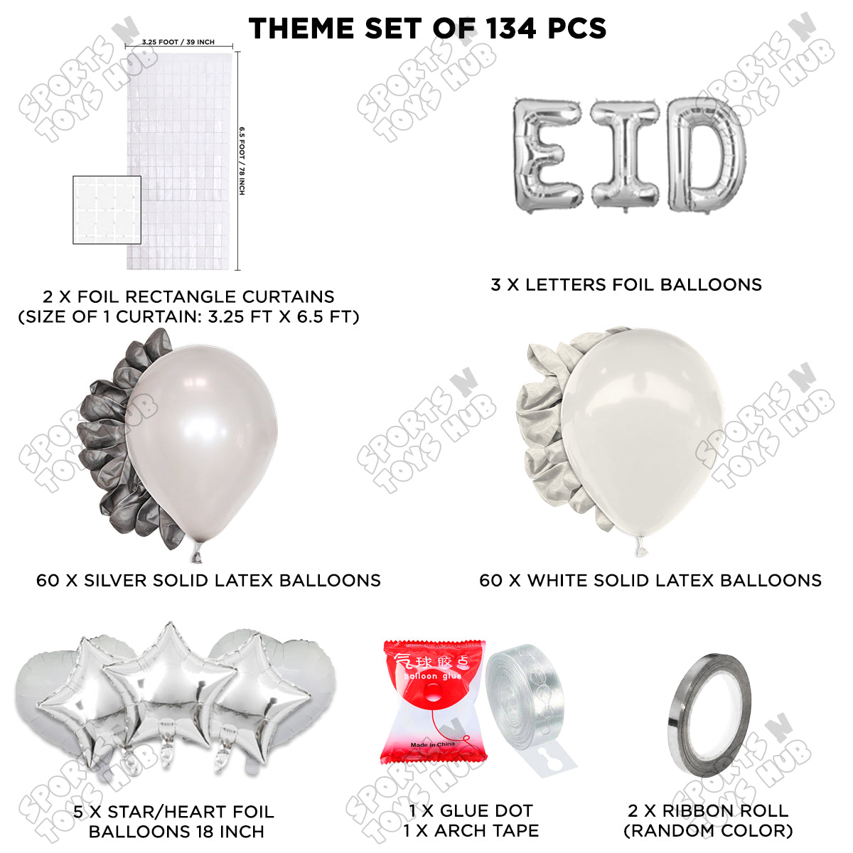 134 Pcs Eid Silver Foil Balloon Arch Theme Collection