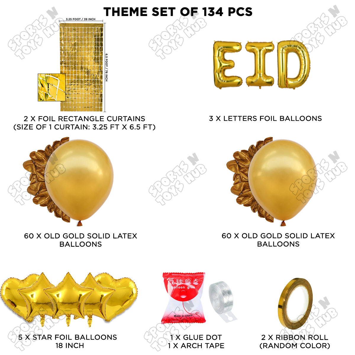 134 Pcs Eid Gold Foil Balloon Arch Theme Collection