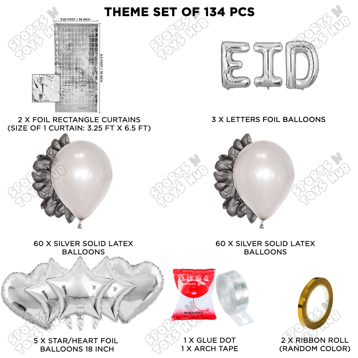 134 Pcs Eid Silver Foil Balloon Arch Theme Collection