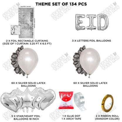 134 Pcs Eid Silver Foil Balloon Arch Theme Collection