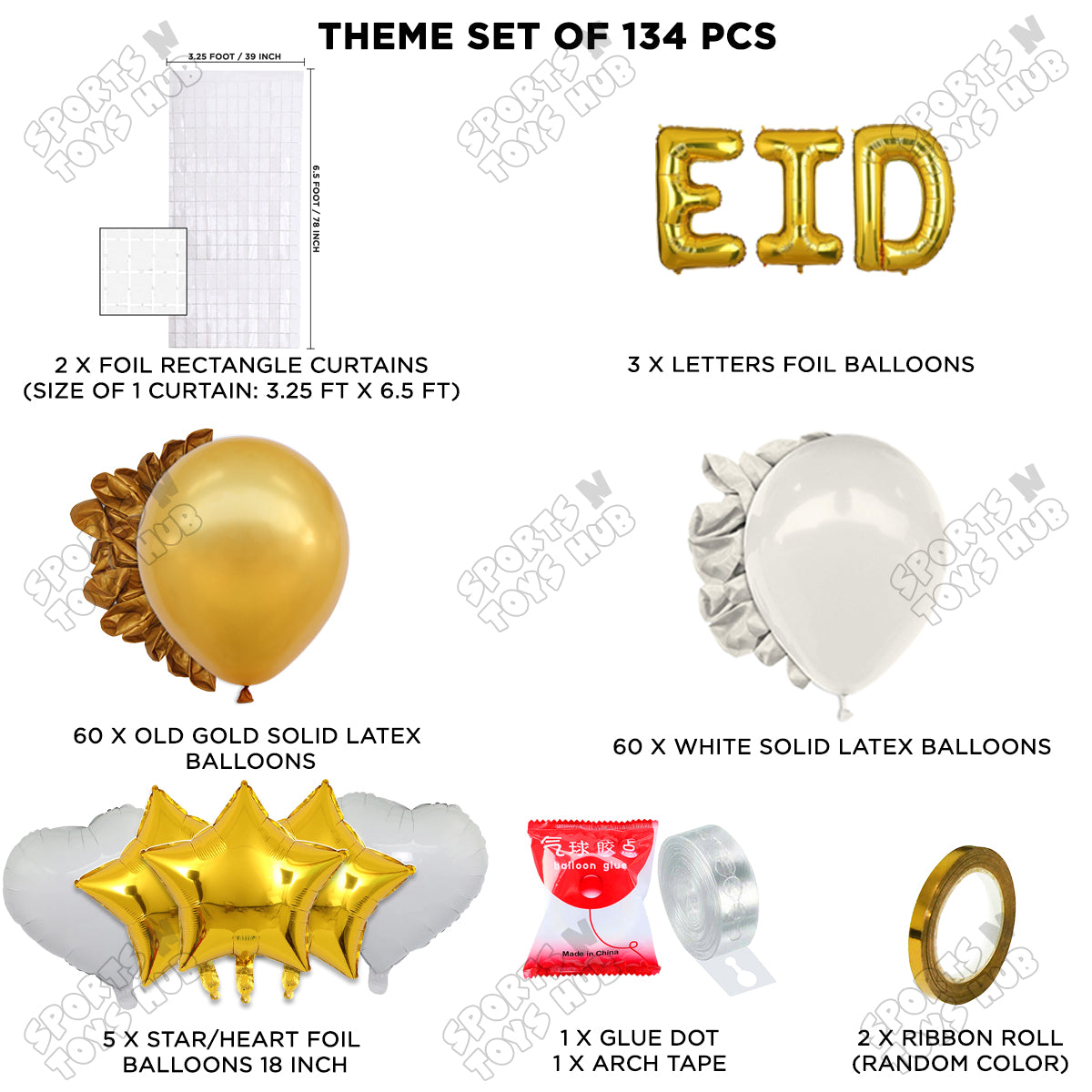 134 Pcs Eid Gold Foil Balloon Arch Theme Collection