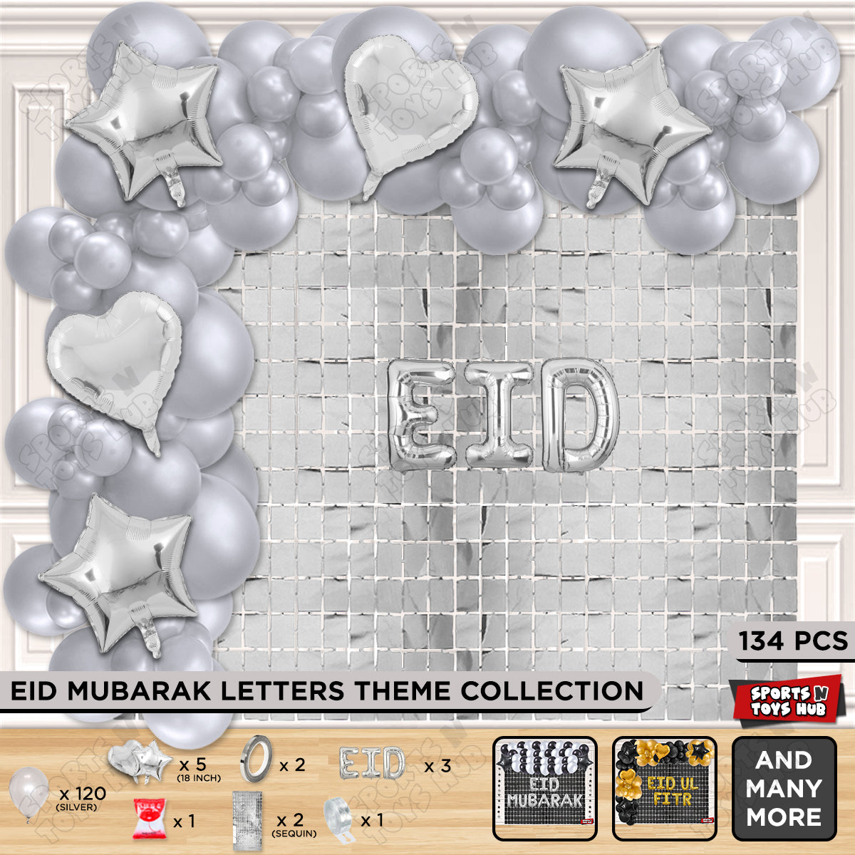 134 Pcs Eid Silver Foil Balloon Arch Theme Collection