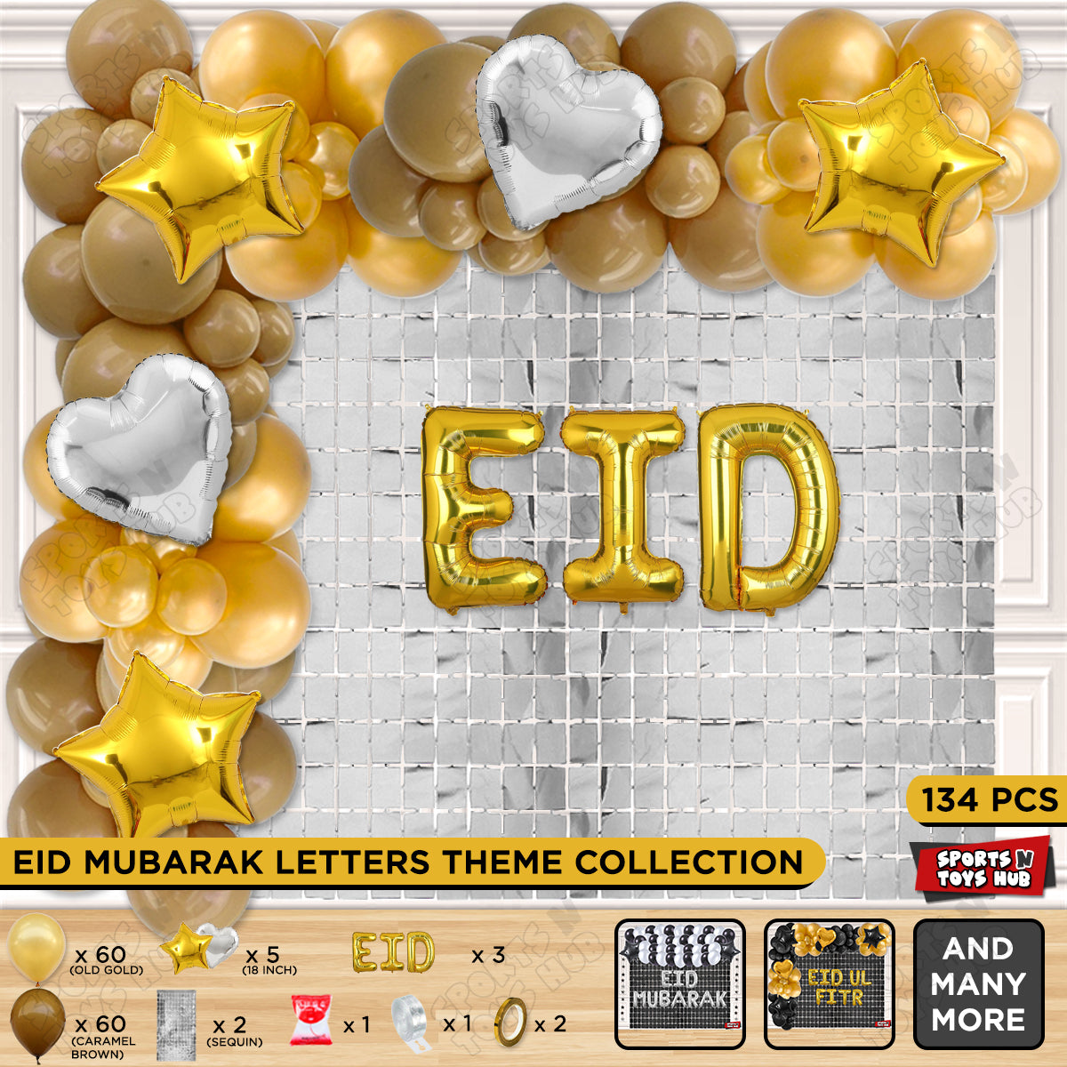 134 Pcs Eid Gold Foil Balloon Arch Theme Collection
