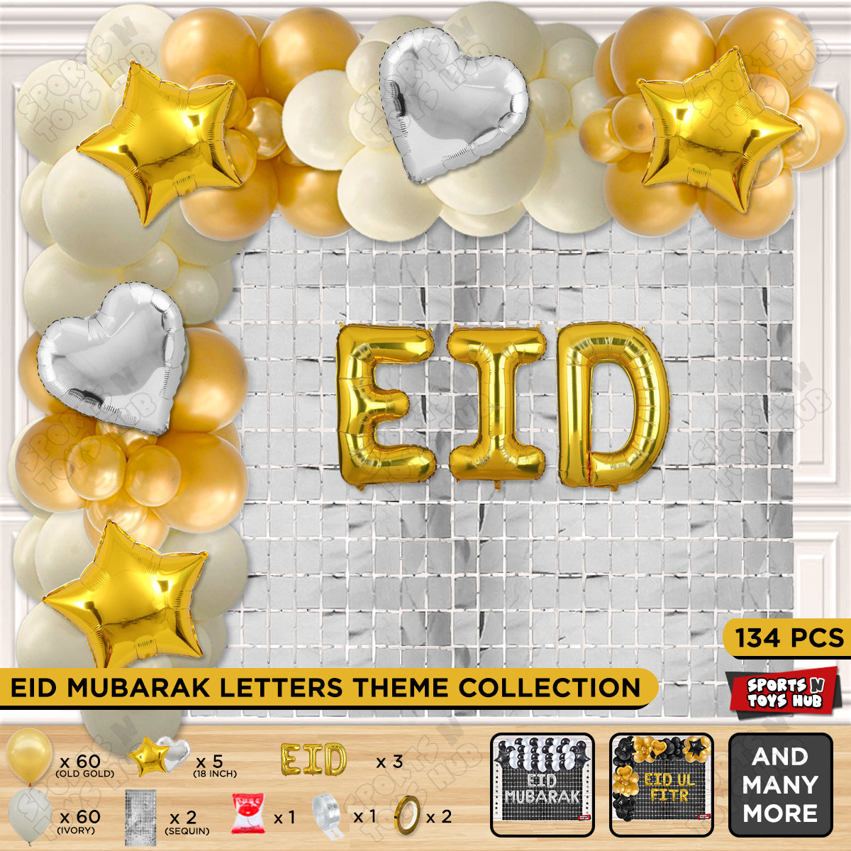 134 Pcs Eid Gold Foil Balloon Arch Theme Collection