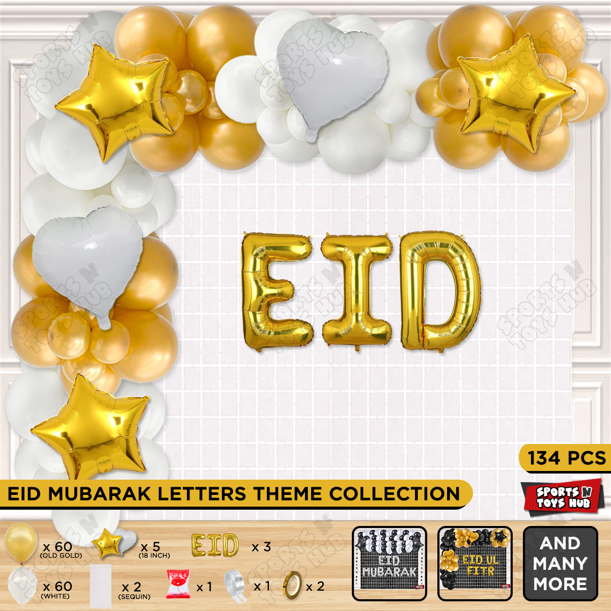 134 Pcs Eid Gold Foil Balloon Arch Theme Collection