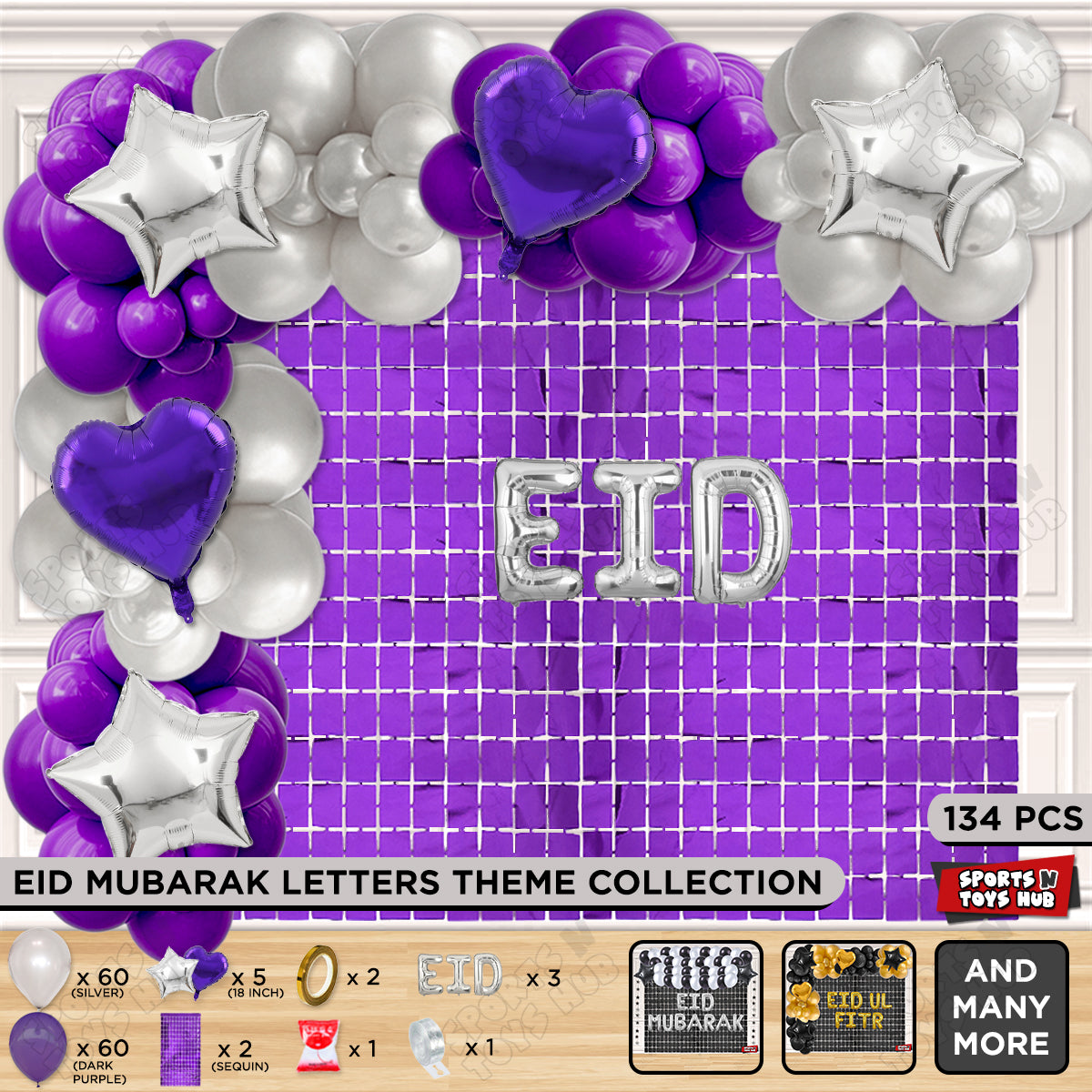 134 Pcs Eid Silver Foil Balloon Arch Theme Collection