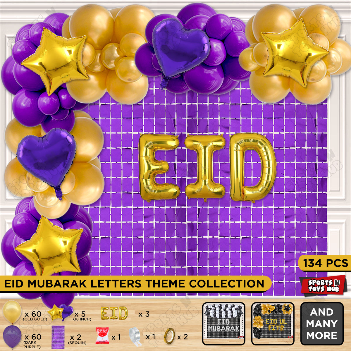 134 Pcs Eid Gold Foil Balloon Arch Theme Collection