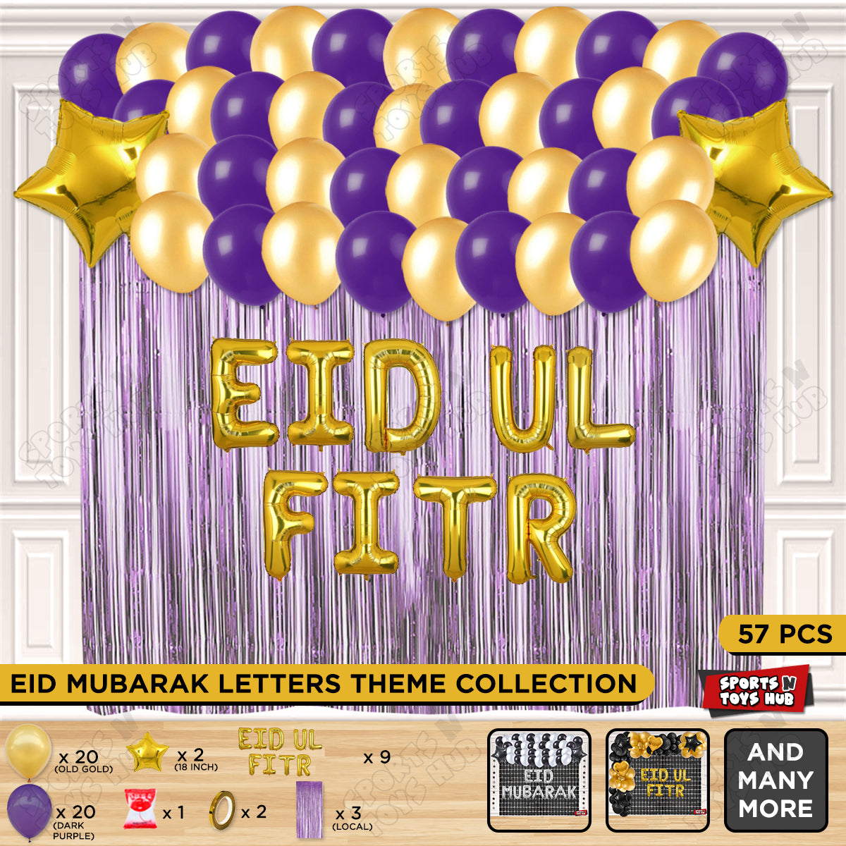 57 Pcs Eid Ul Fitr Gold Foil Balloon Curtain Theme Collection