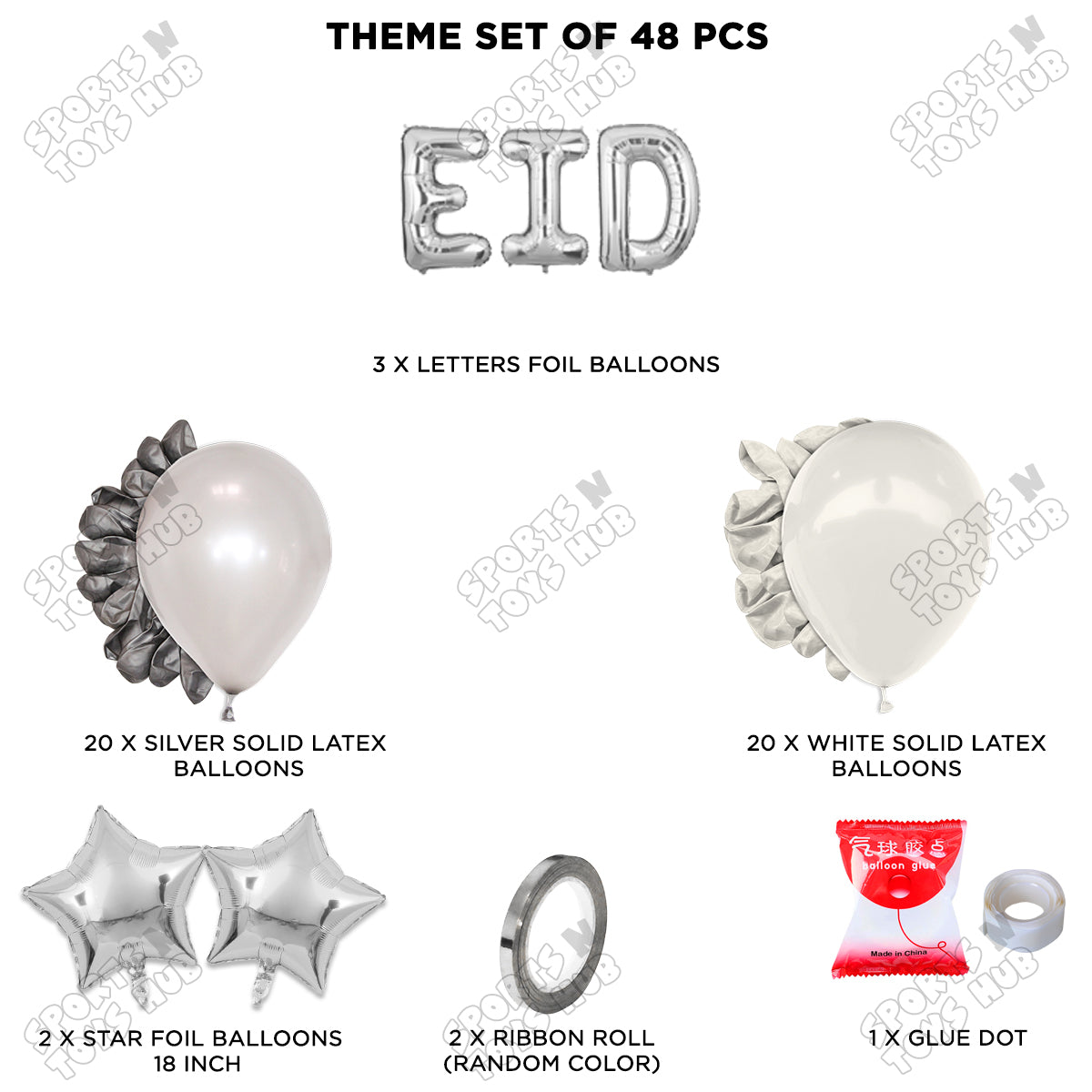 48 Pcs Eid Silver Foil Balloon Garland Theme Collection