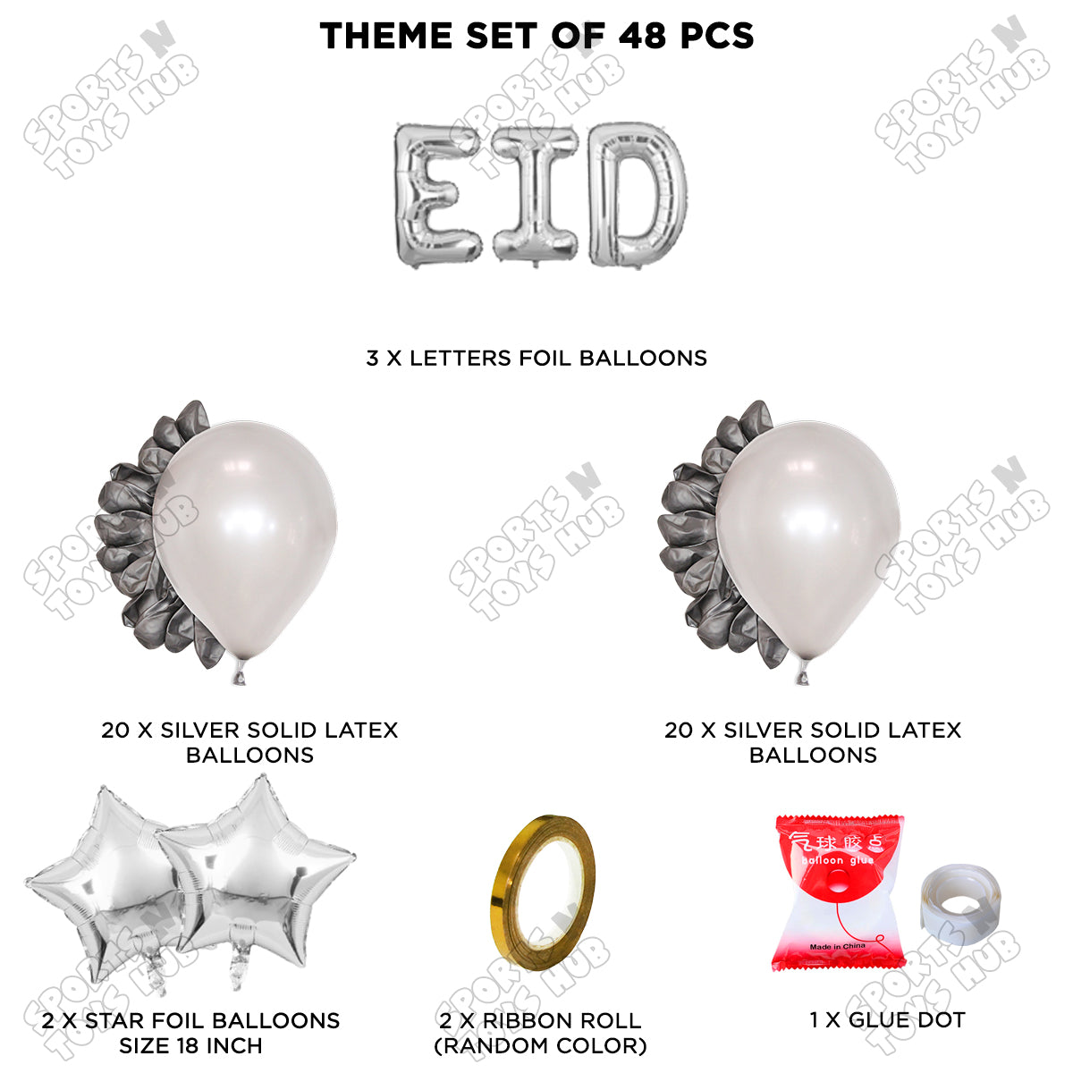 48 Pcs Eid Silver Foil Balloon Garland Theme Collection