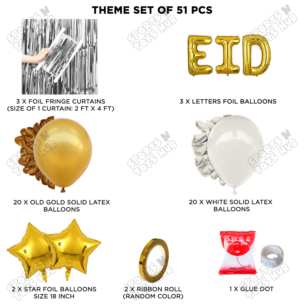 51 Pcs Eid Gold Foil Balloon Curtain Theme Collection