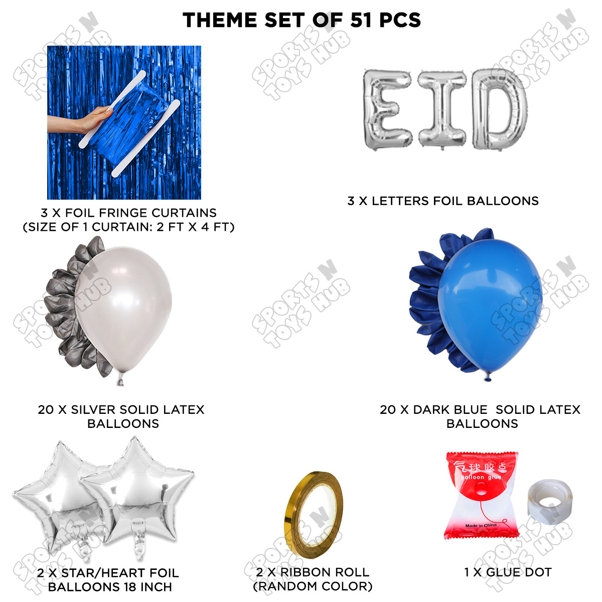51 Pcs Eid Silver Foil Balloon Curtain Theme Collection