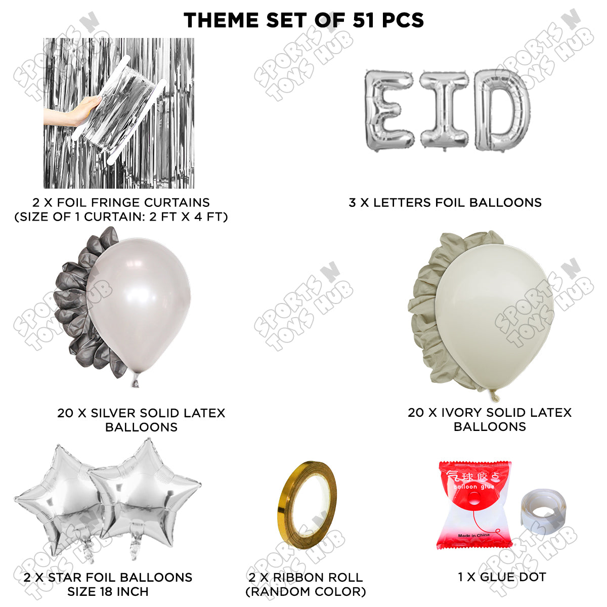 51 Pcs Eid Silver Foil Balloon Curtain Theme Collection