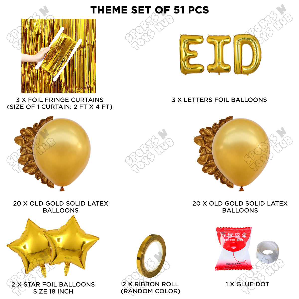 51 Pcs Eid Gold Foil Balloon Curtain Theme Collection