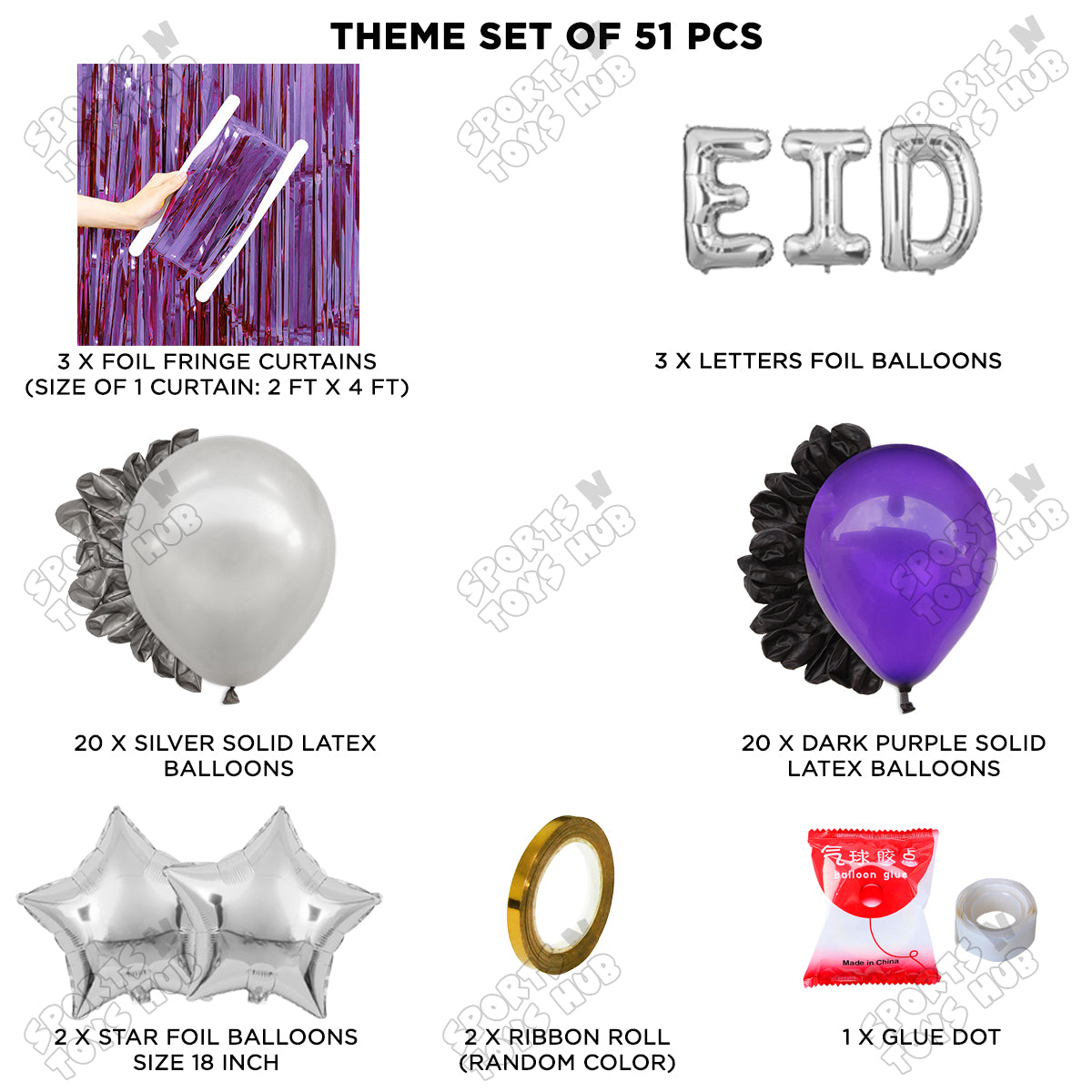 51 Pcs Eid Silver Foil Balloon Curtain Theme Collection