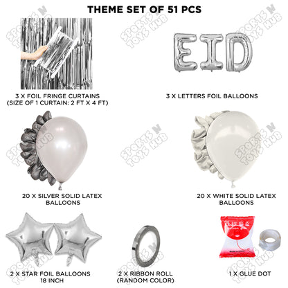 51 Pcs Eid Silver Foil Balloon Curtain Theme Collection