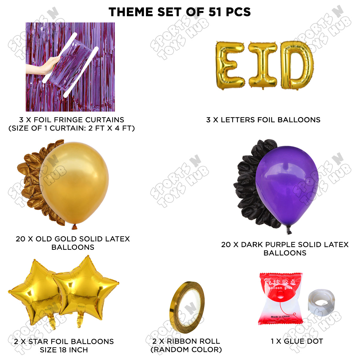 51 Pcs Eid Gold Foil Balloon Curtain Theme Collection