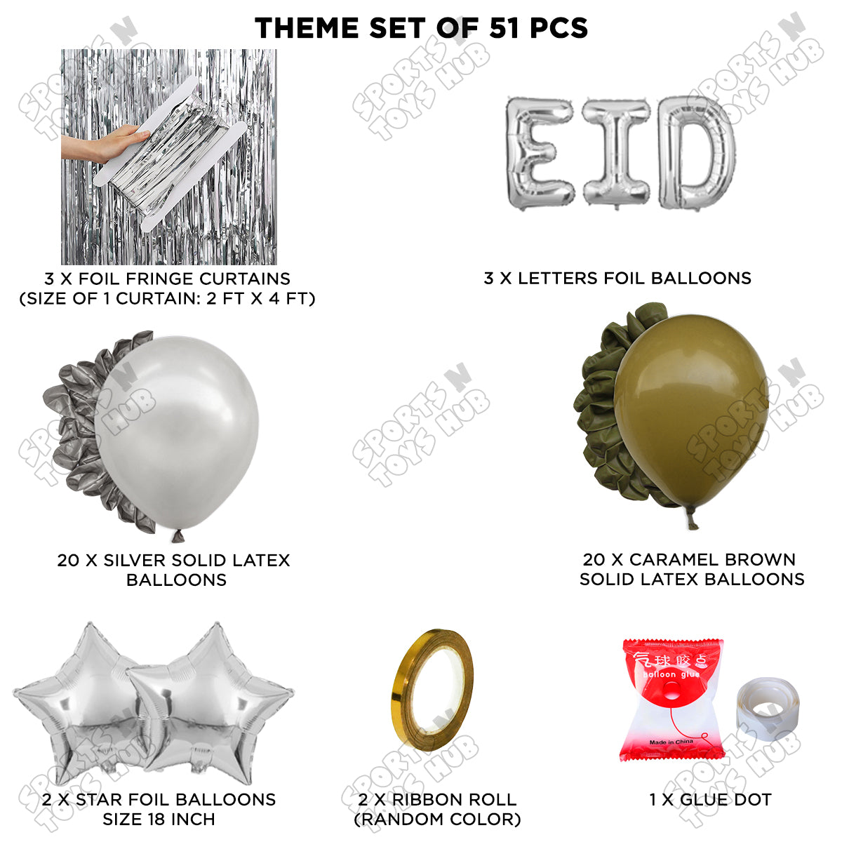 51 Pcs Eid Silver Foil Balloon Curtain Theme Collection