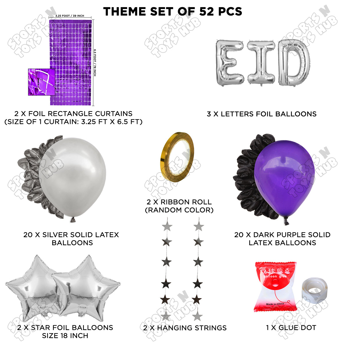 52 Pcs Eid Silver Foil Balloon Rectangle Curtain Theme Collection