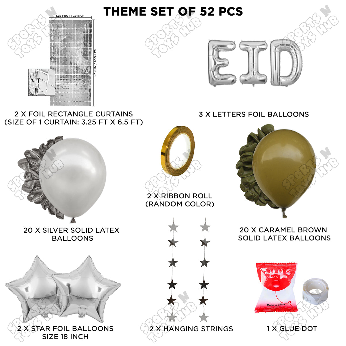 52 Pcs Eid Silver Foil Balloon Rectangle Curtain Theme Collection