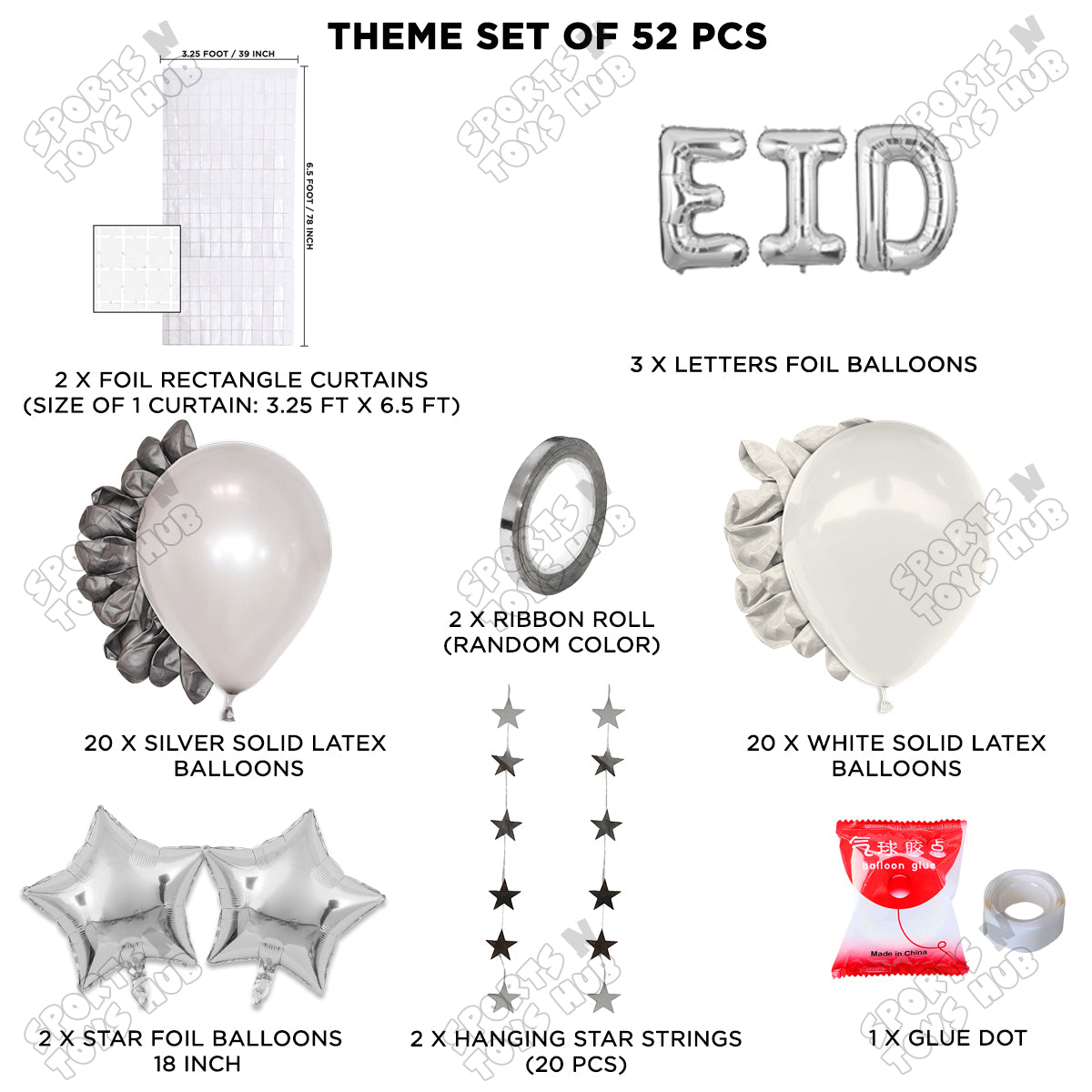 52 Pcs Eid Silver Foil Balloon Rectangle Curtain Theme Collection